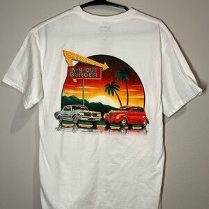 White and Red Short Sleeve Tee with Retro Sunset Design